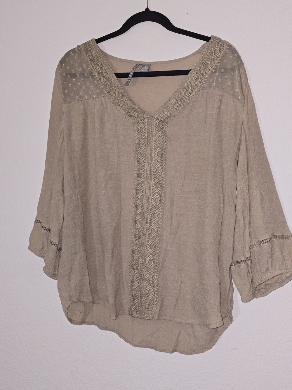 Embroidered V-Neck Tunic Top - Beige